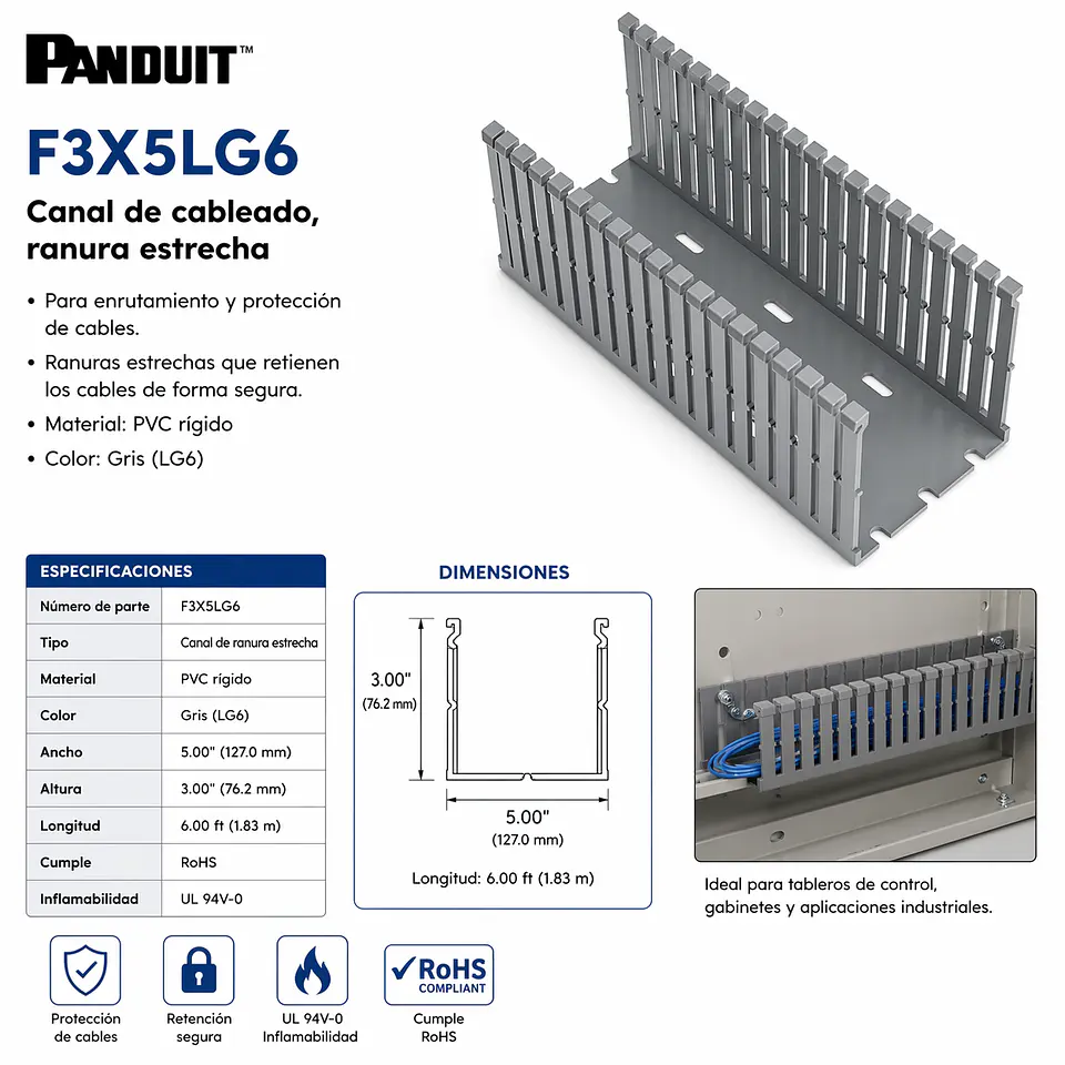 F3X5LG6 PANDUIT Canal de cableado, ranura estrecha, 3