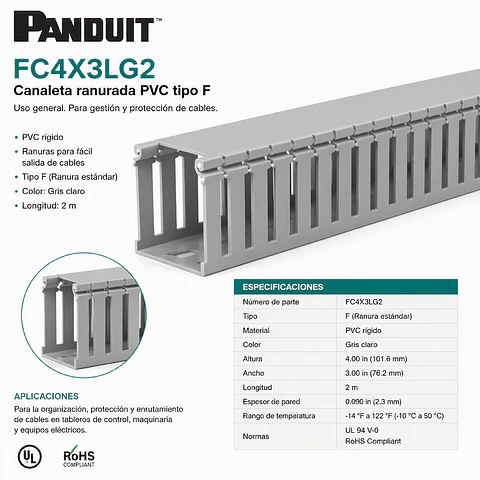 PANDUIT - FC4X3LG2 - Canaleta ranurada PVC tipo F