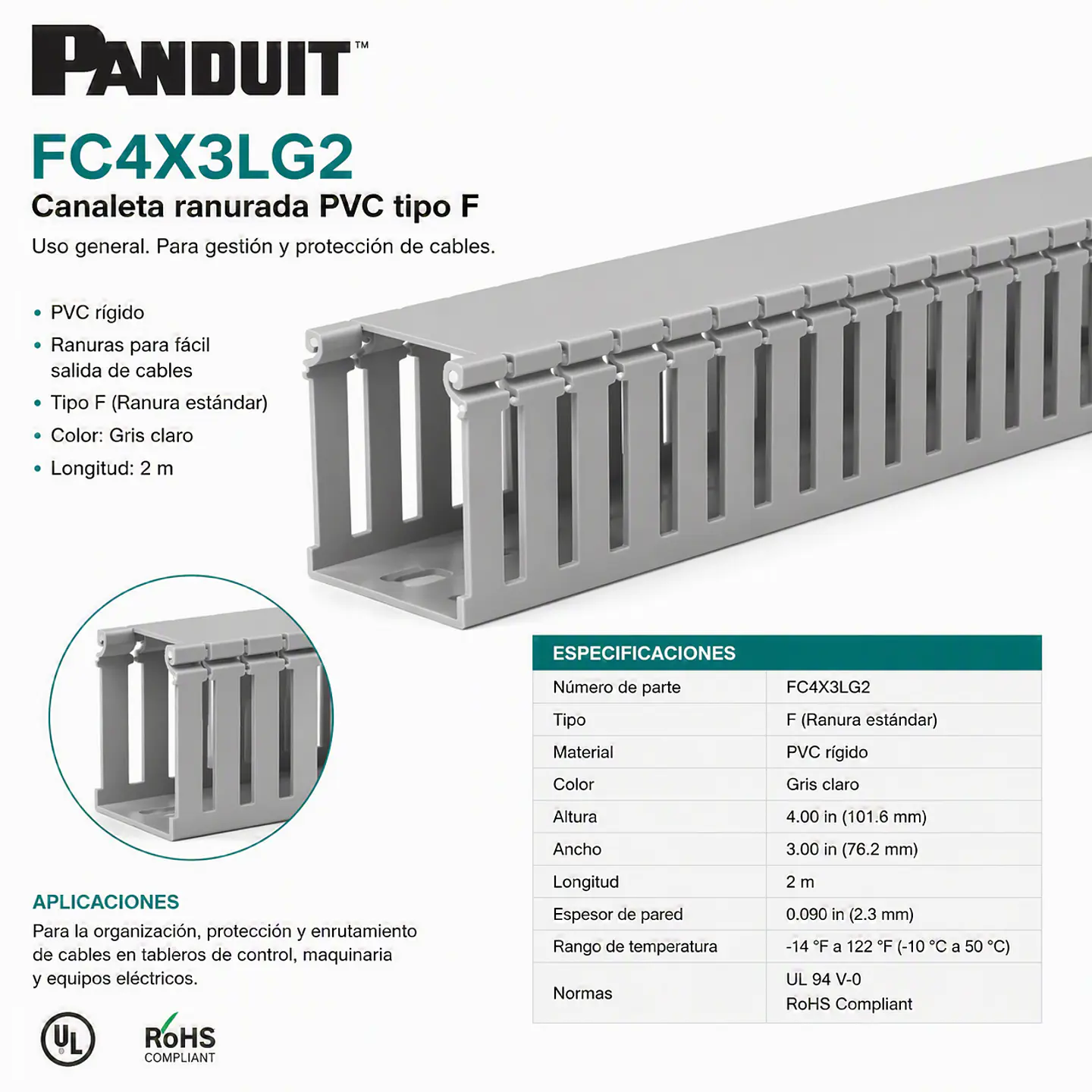 PANDUIT - FC4X3LG2 - Canaleta ranurada PVC tipo F 1