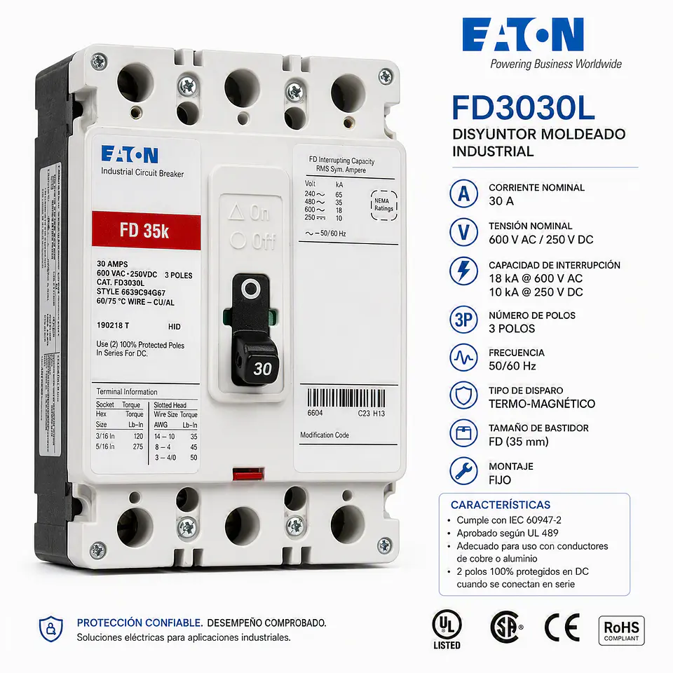 EATON - FD3030L - Disyuntor moldeado 30A 600V 1