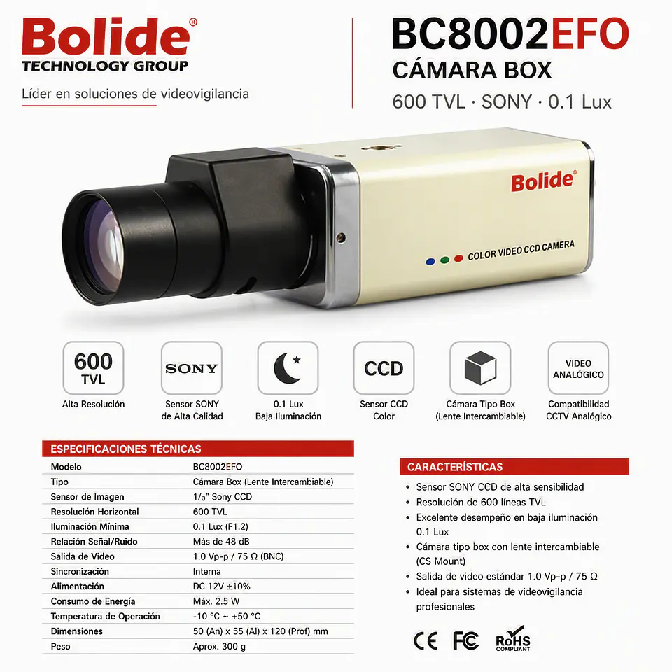 BOLIDE - BC8002EFO Cámara Box 600 TVL SONY 0.1 Lux BOLIDE 1