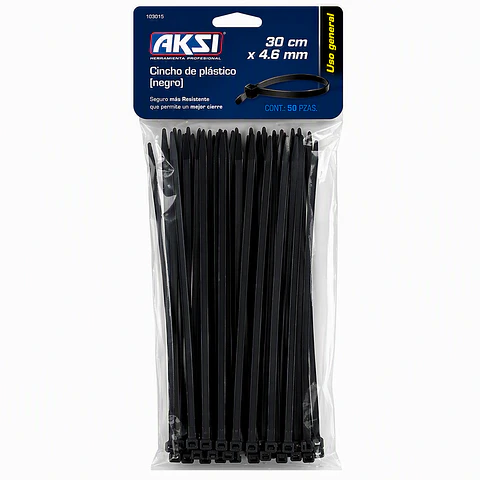 Código 103015. AKSI - Cincho Plástico Negro AKSI 30cm x 4.6mm