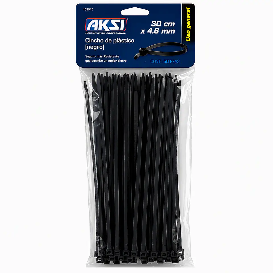 Código 103015. AKSI - Cincho Plástico Negro AKSI 30cm x 4.6mm 1