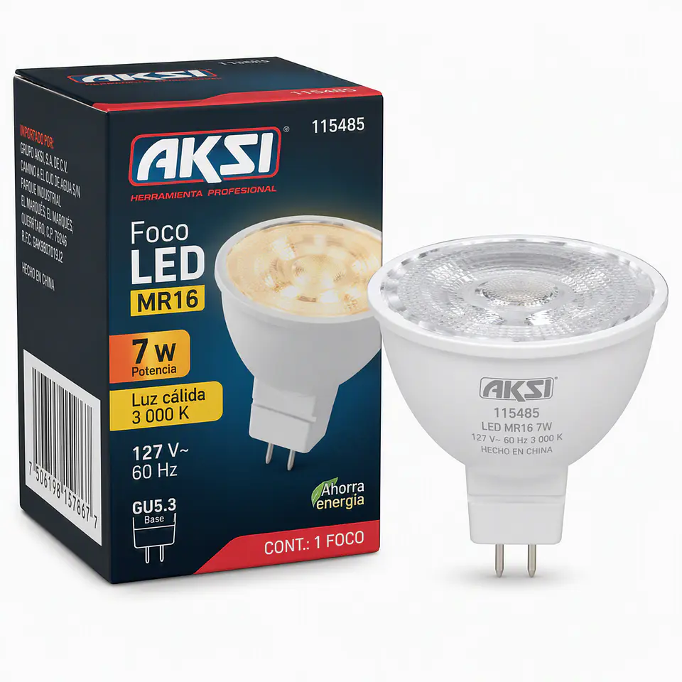 AKSI - 115485 Foco LED MR16 7W Luz Cálida 127V GU5.3 1
