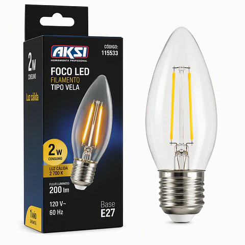 AKSI - 115533 Foco LED Filamento Vela 2W Luz Cálida E27