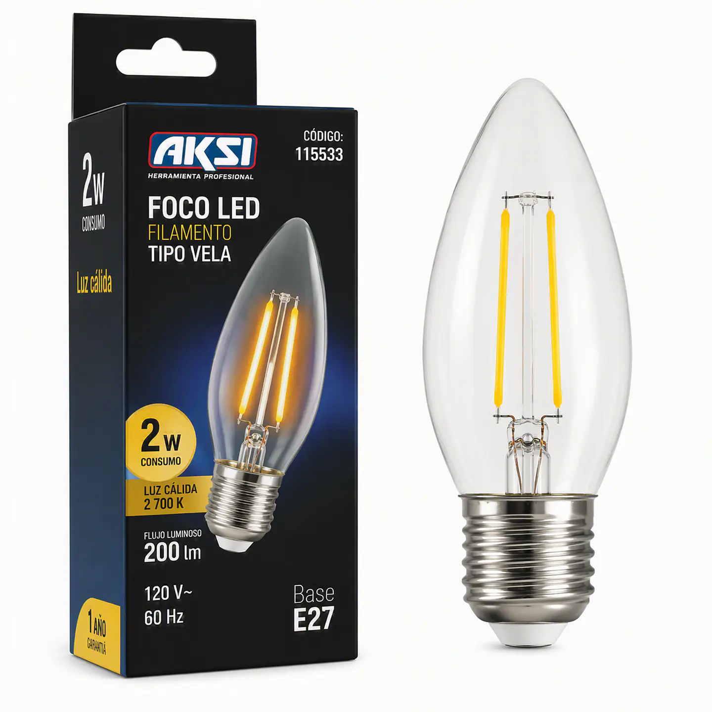 AKSI - 115533 Foco LED Filamento Vela 2W Luz Cálida E27 1