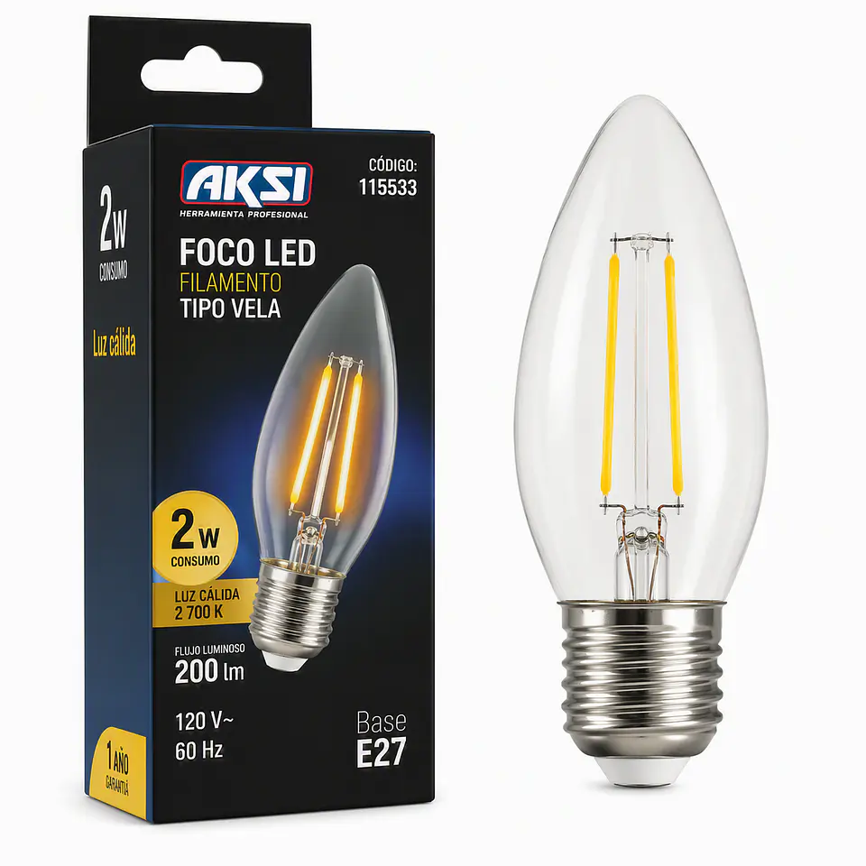 AKSI - 115533 Foco LED Filamento Vela 2W Luz Cálida E27 1