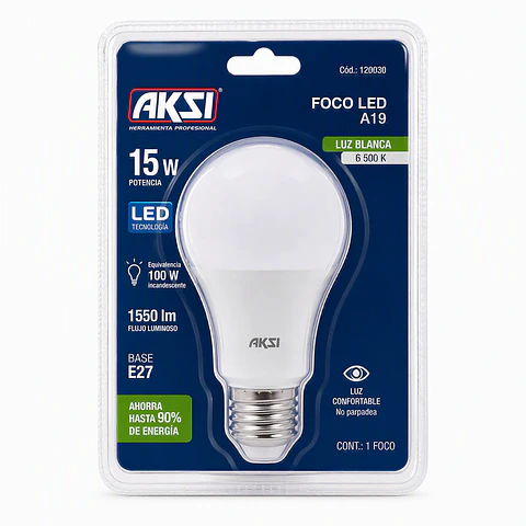 AKSI - 120030 Foco LED A19 15W Luz Blanca AKSI