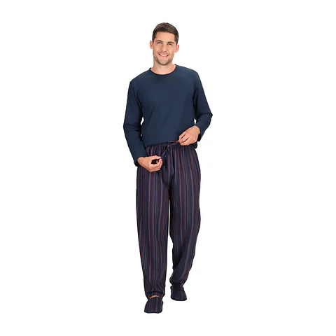 Pijama Largo Algodón Azul con Pantuflas
