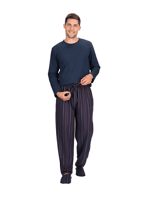 Pijama Largo Algodón Azul con Pantuflas