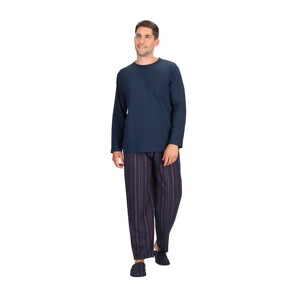 Pijama Largo Algodón Azul con Pantuflas 3