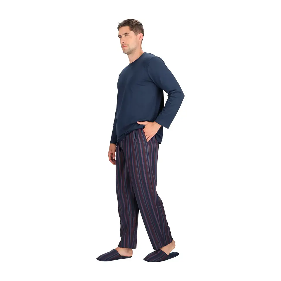 Pijama Largo Algodón Azul con Pantuflas 4