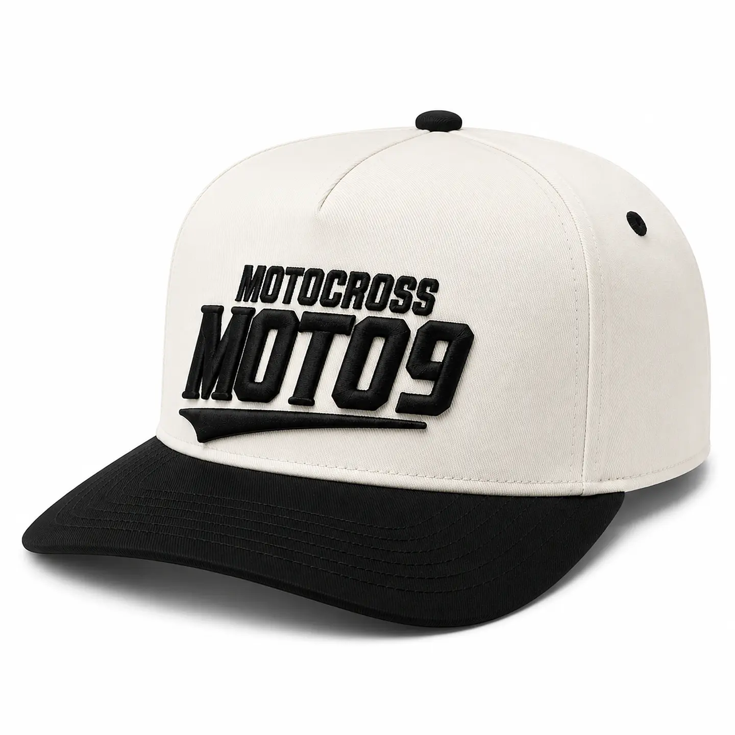 Gorra Snapback Premium MOTO9 | Blanco & Negro | Bordado 3D 1