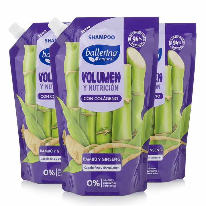 Ballerina Natural Shampoo Volumen y Nutrición 750 ml Colágeno, Bambú y Ginseng 2