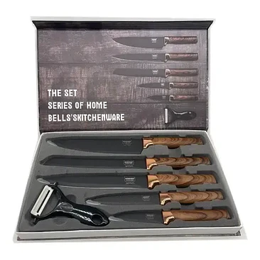 Set De 5 Cuchillos Mango De Madera + Pelador Juego Cuchillos Color Negro/madera 1