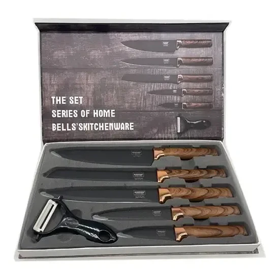 Set De 5 Cuchillos Mango De Madera + Pelador Juego Cuchillos Color Negro/madera 1