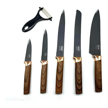 Set De 5 Cuchillos Mango De Madera + Pelador Juego Cuchillos Color Negro/madera 2