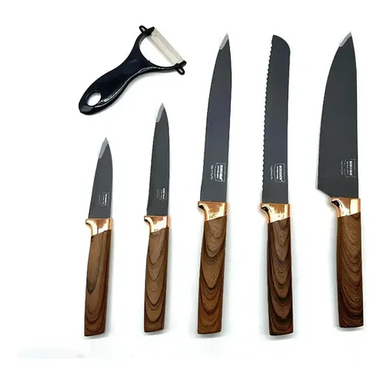 Set De 5 Cuchillos Mango De Madera + Pelador Juego Cuchillos Color Negro/madera 2