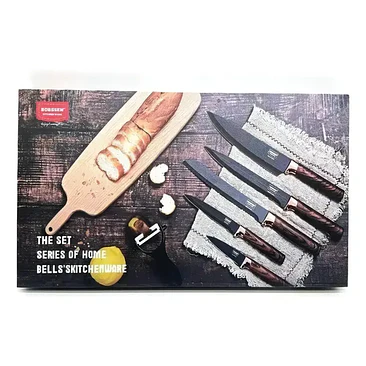 Set De 5 Cuchillos Mango De Madera + Pelador Juego Cuchillos Color Negro/madera 3