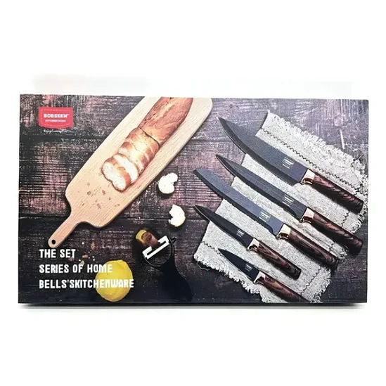 Set De 5 Cuchillos Mango De Madera + Pelador Juego Cuchillos Color Negro/madera 3