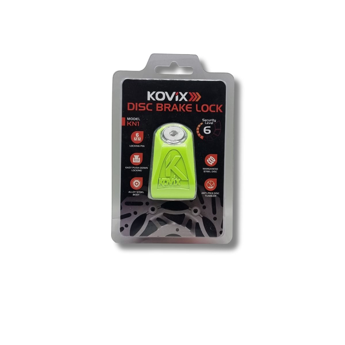 Candado Disco Kovix Moto KN1 verde fluor | Pasador 6mm + Cable Recordatorio 2