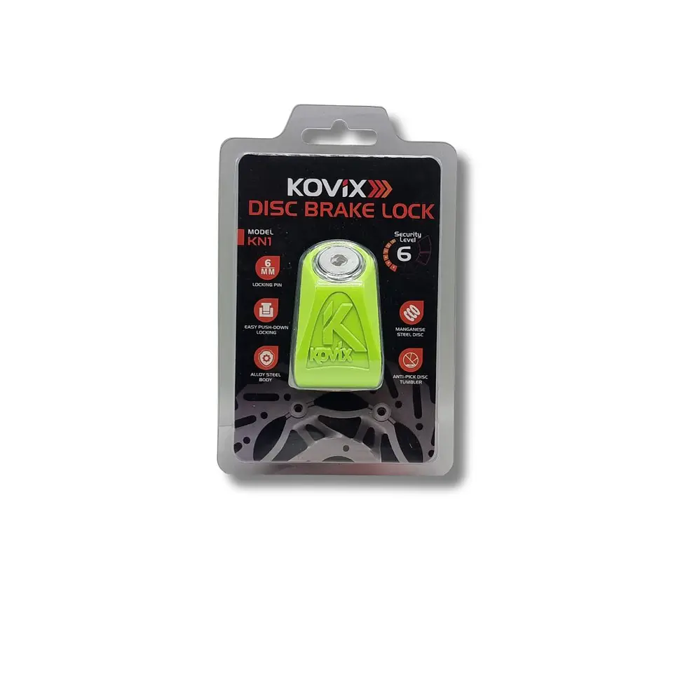 Candado Disco Kovix Moto KN1 verde fluor | Pasador 6mm + Cable Recordatorio 2