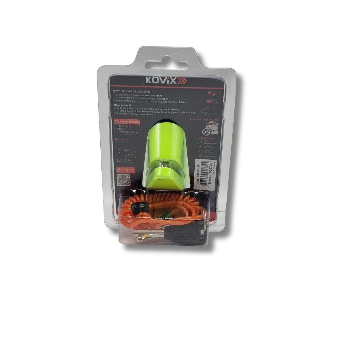 Candado Disco Kovix Moto KN1 verde fluor | Pasador 6mm + Cable Recordatorio 3