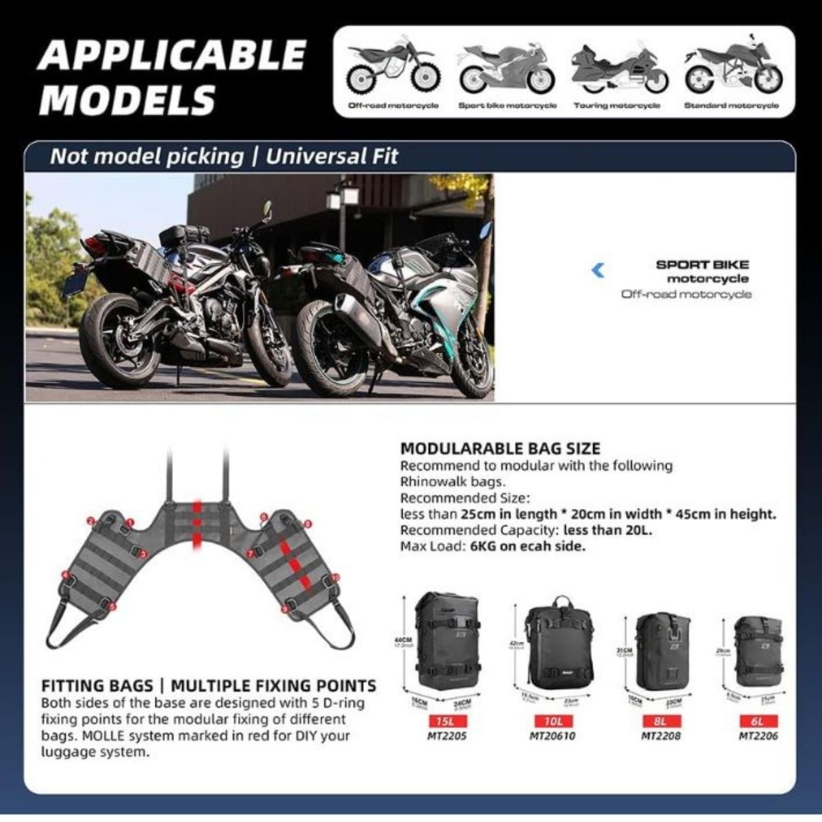 Base de asiento Rhinowalk MT002A para bolsos laterales | Moto & Aventura 5