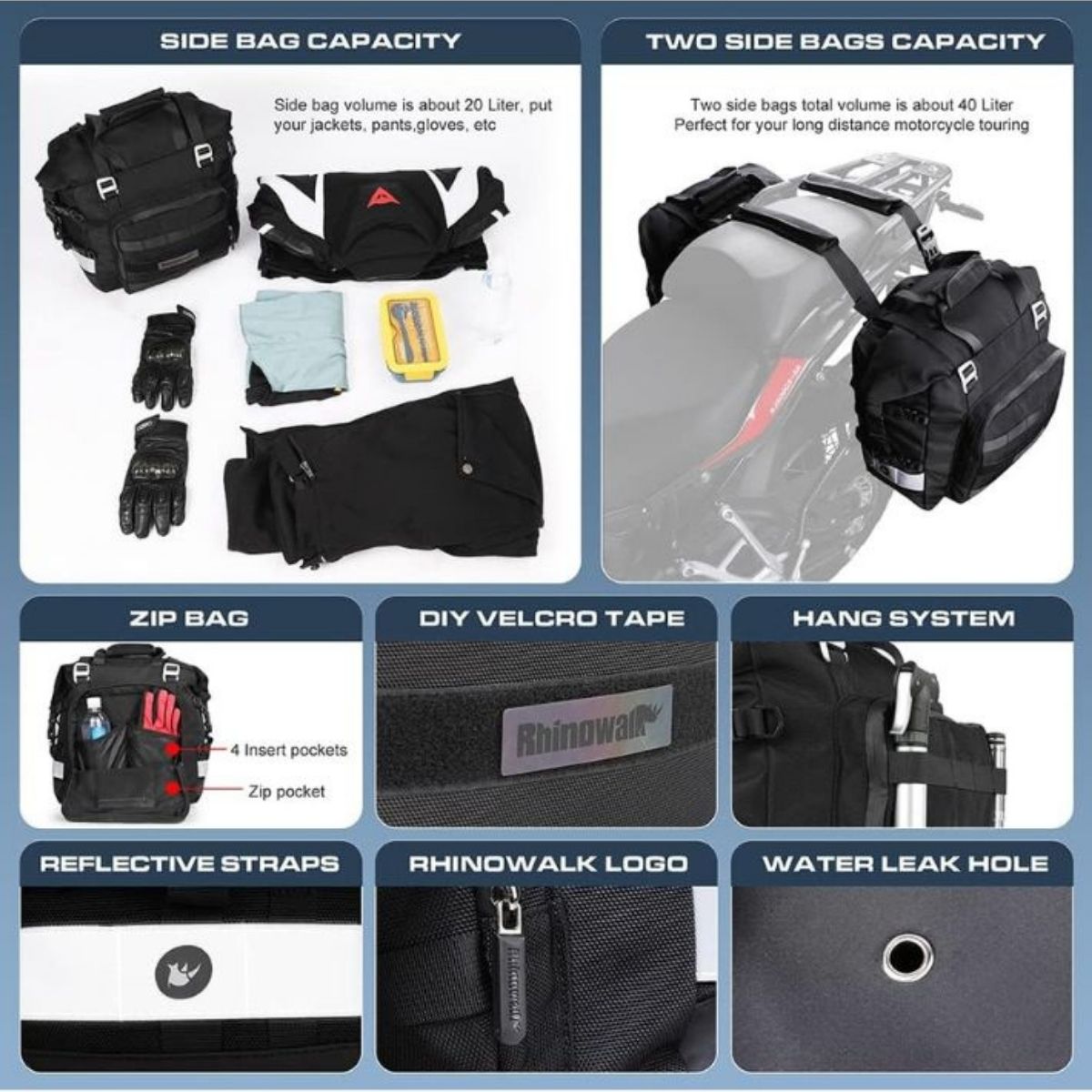 Bolso lateral (unidad) Moto Rhinowalk MT2040 20L Impermeable | Moto & Aventura 9