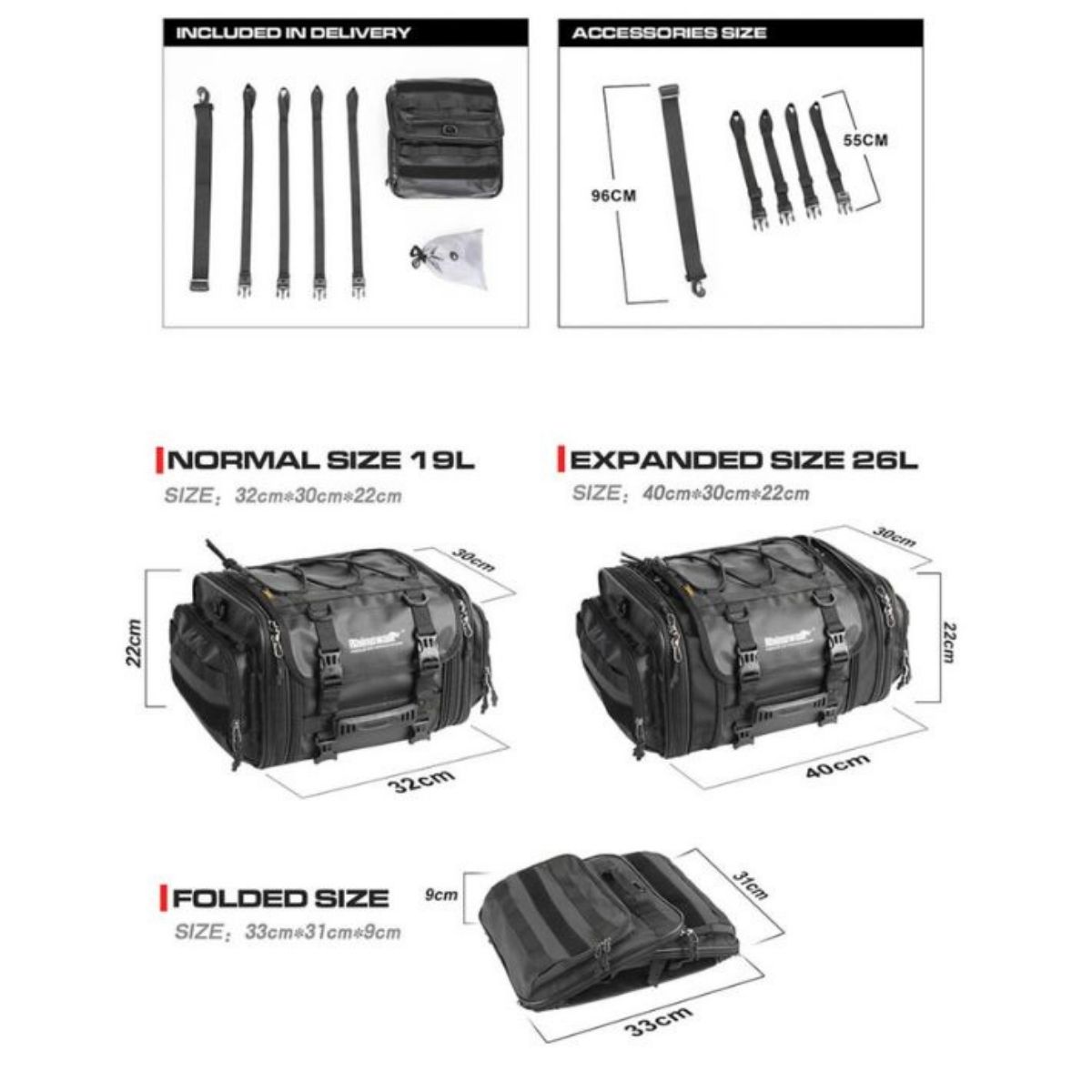 Bolso de cola moto Rhinowalk MT4026 expandible de 19L a 26L Impermeable | Moto & Aventura  9