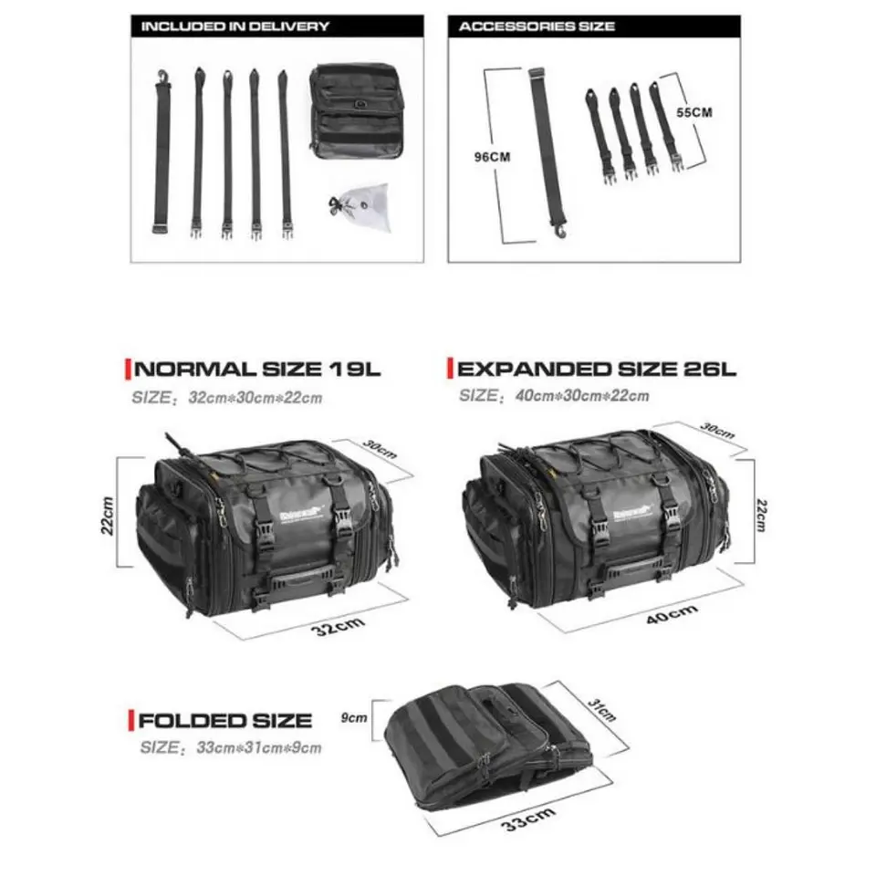 Bolso de cola moto Rhinowalk MT4026 expandible de 19L a 26L Impermeable | Moto & Aventura  9