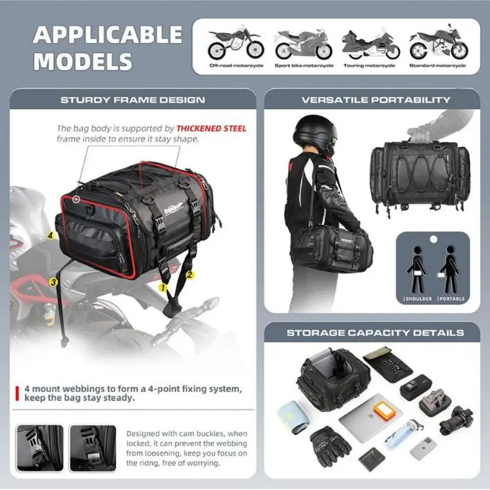 Bolso de cola moto Rhinowalk MT4026 expandible de 19L a 26L Impermeable | Moto & Aventura  11