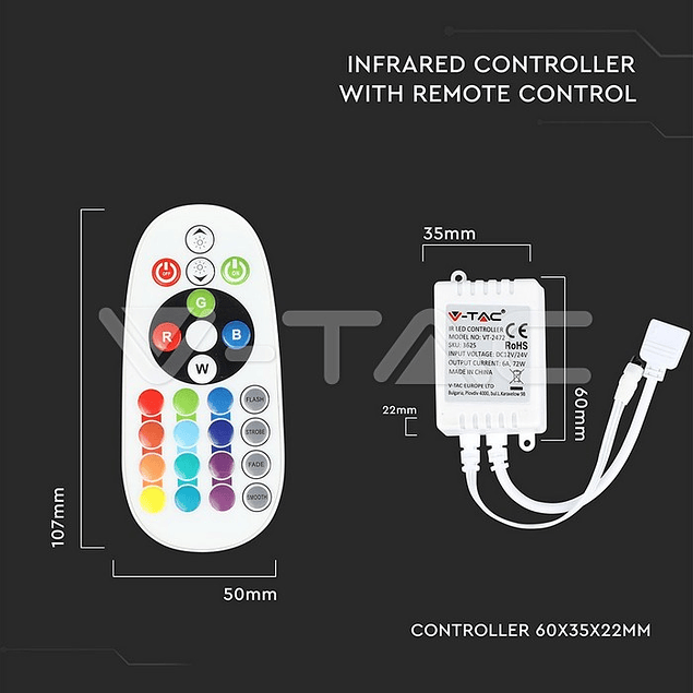 Controlador RGB Infravermelho Com Comando de 24 Botões IR V-TAC