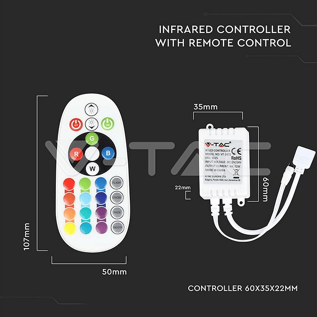 Controlador RGB infrarrojo con control de 24 botones IR V-TAC