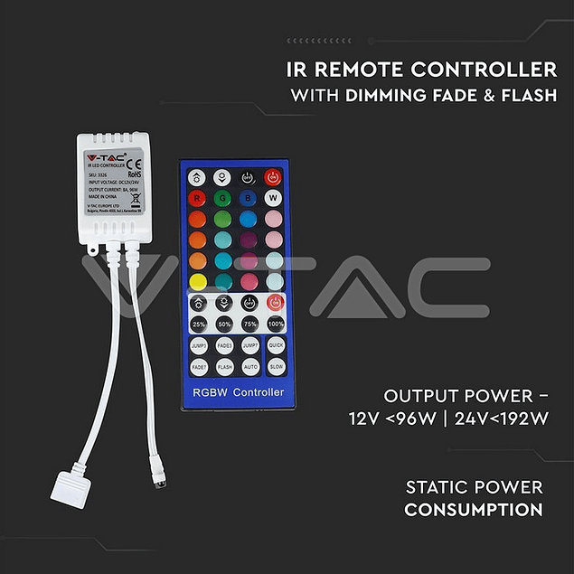Controlador RGB+Branco Infravermelho Com Comando IR V-TAC
