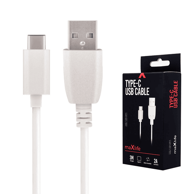 Cabo USB-A 2.0 2A Macho / USB-C Branco 3M