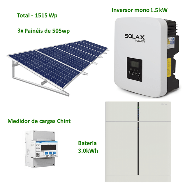 Kit Fotovoltaico 1.5KW Monofásico C/Bateria 3.0kWh, Estrutura e Medidor de consumos Solax