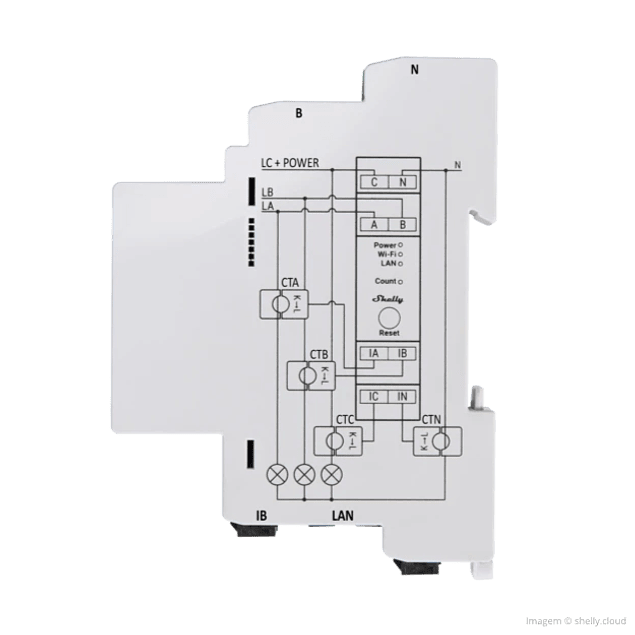 Módulo medidor de consumo trifásico WiFi + 3 TI's de 120A - Shelly Pro 3EM