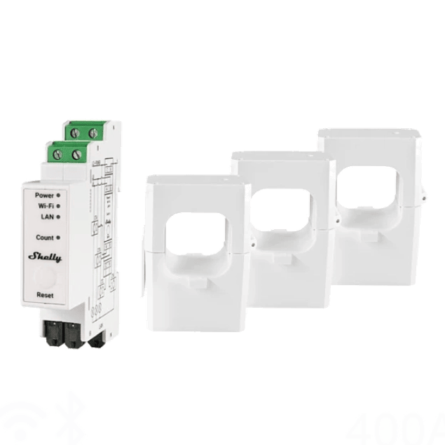 Módulo contador de consumo WiFi trifásico + 3 TI's 400A - Shelly Pro 3EM-400