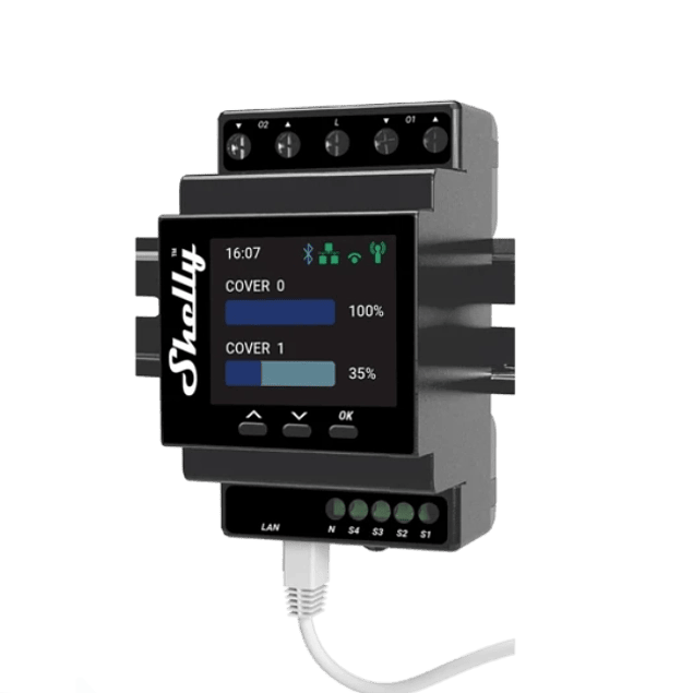 DIN rail module with 4 relays for blind automation - Shelly Pro Dual Cover PM