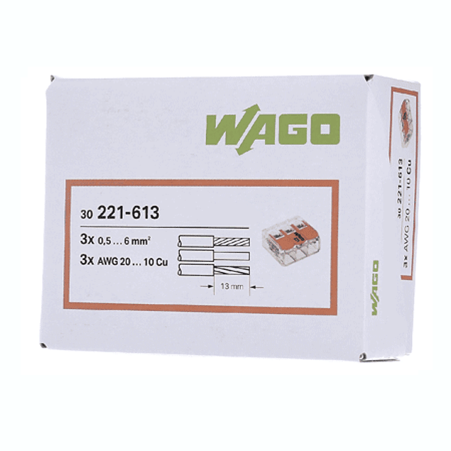 Ligadores WAGO 3 ligações 5×0,5-6MM 221-613 Flexível / Rígido