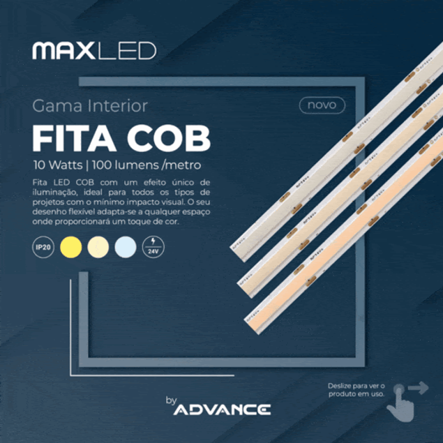 Fita LED COB 24V IP20 8mm 256D 10W/m 3000K (5 metros) Maxled