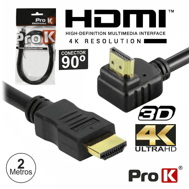 Cabo HDMI Dourado Macho / Macho 2.0 4K Preto 2M 90º Prok