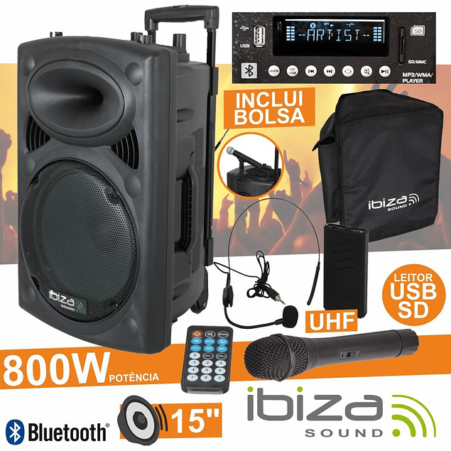 AMPLIFICADA 15 '' 800W USB / BT / SD / UHF BAT NEGRO - IBIZA