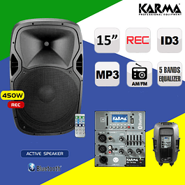 Enceinte Active 15' 450W BI-Amplifiée USB/FM/BT/SD/REC Karma
