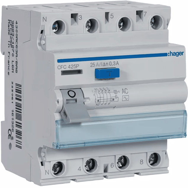  Interruptor Diferencial - 4P - 25A 300mA - tipo AC - 4 módulos - Hager CFC425P