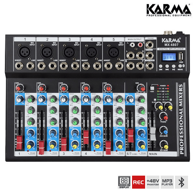 Mesa de mezclas de 7 canales USB / MP3 / REC / BT / FM - KARMA