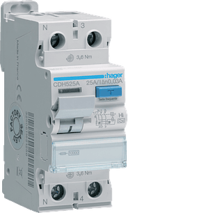 Interruptor Diferencial 1P+N 25A 30 mA tipo A HI 2M ideal P/ Carregadores de Veiculos Eléctricos Hager
