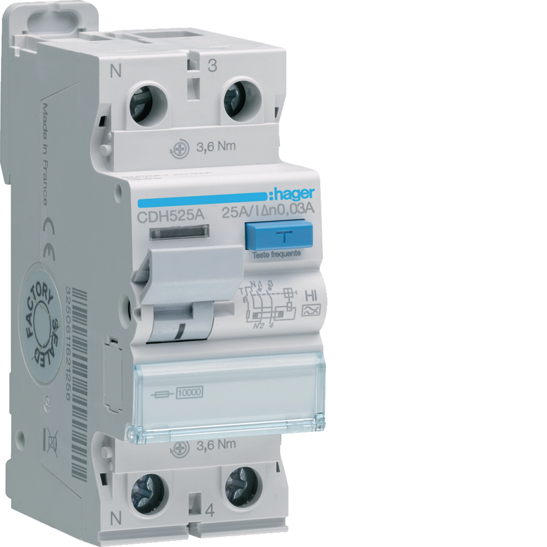 Interruptor Diferencial 1P+N 25A 30 mA tipo A HI 2M ideal P/ Carregadores de Veiculos Eléctricos Hager 1