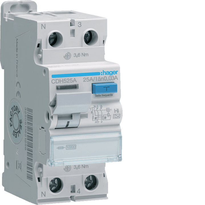Interruptor Diferencial 1P+N 25A 30 mA tipo A HI 2M ideal P/ Carregadores de Veiculos Eléctricos Hager 1